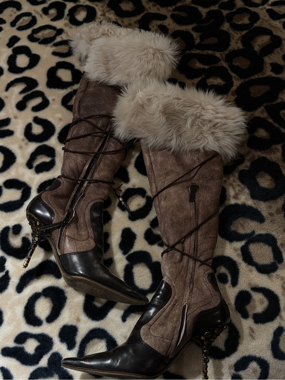 Giuseppe Zanotti Brown Suede Over-the-Knee Boots with Cream Fur Cuff